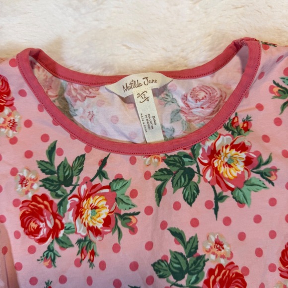 Matilda Jane Girls Pink Floral Polka Dot Puffed Sleeve Top Kids Size 12 - Picture 2 of 7